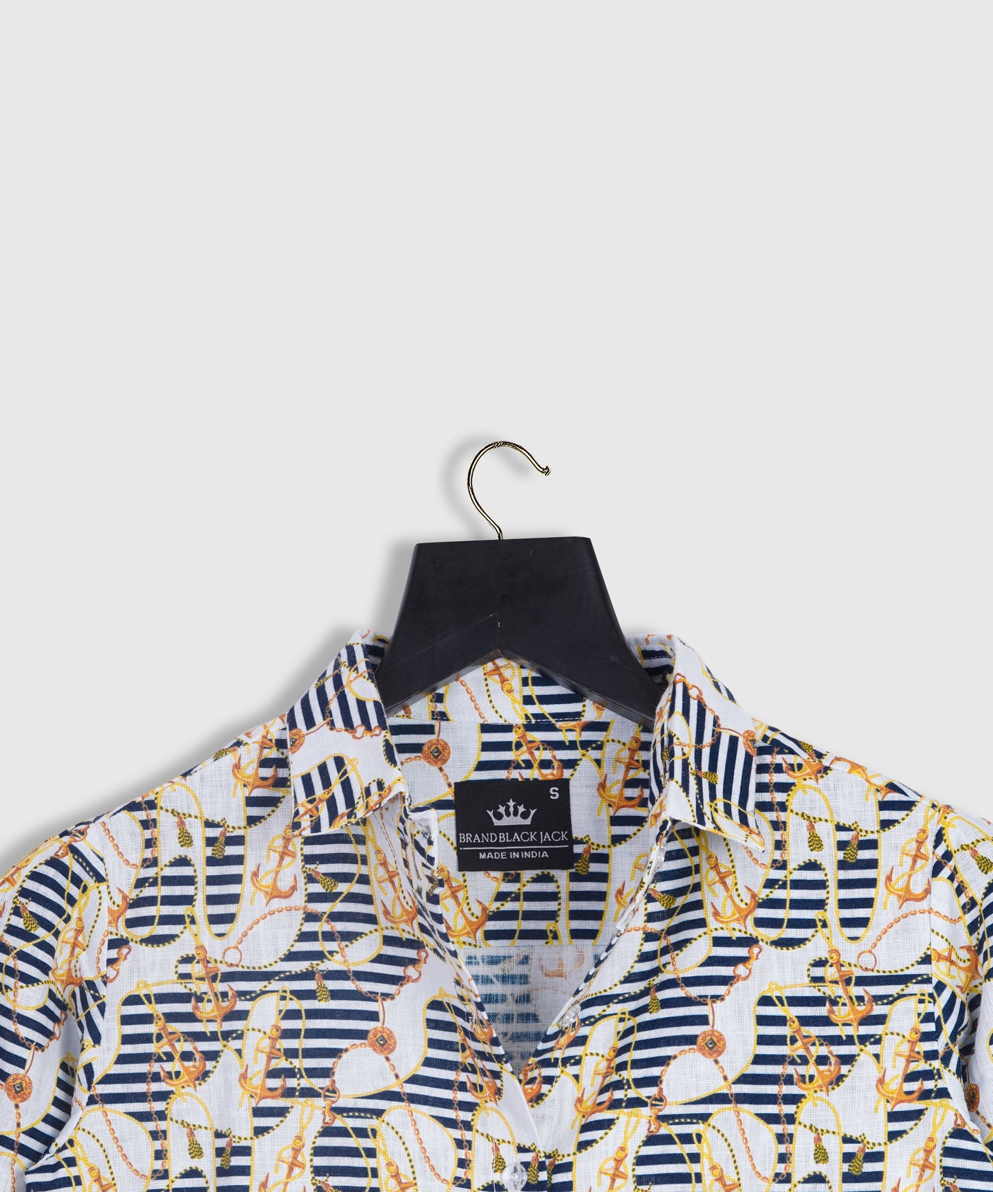 Linen Golden Chain Blue Strip Loop Printed Shirt By Brand Black jack