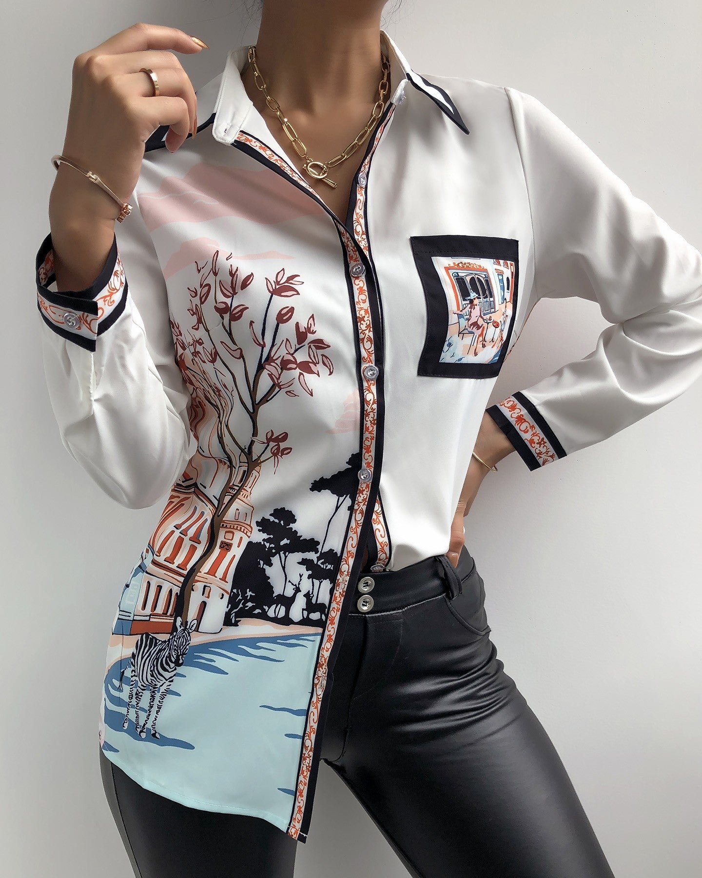 Landscape Print Button Design Long Sleeve Shirt