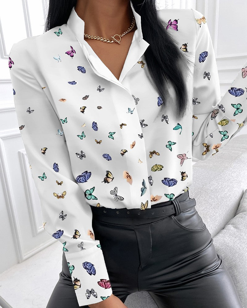 Butterfly Print Long Sleeve Casual Shirt