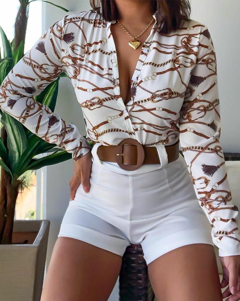 Retro Pattern Print Long Sleeve Blouse