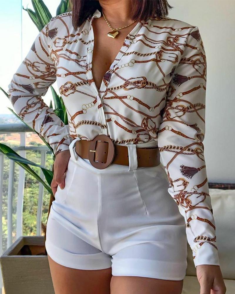 Retro Pattern Print Long Sleeve Blouse