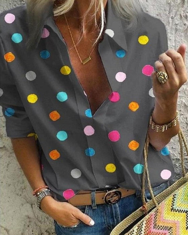 Multicolor Dot Long Sleeve Button-up Blouse