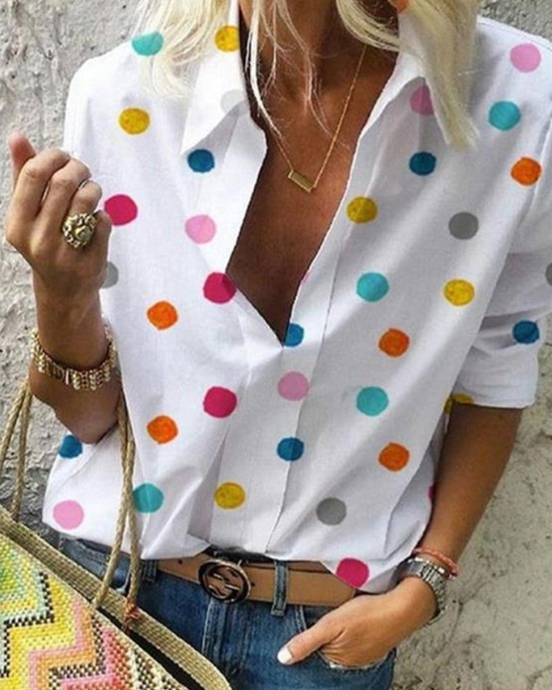 Multicolor Dot Long Sleeve Button-up Blouse