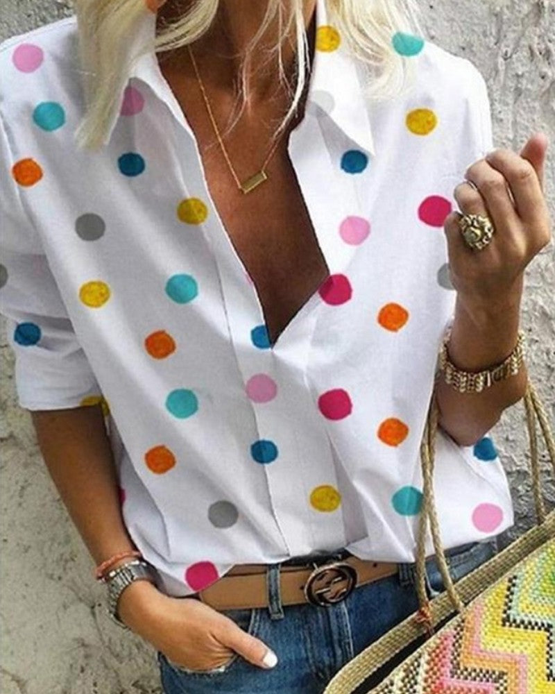 Multicolor Dot Long Sleeve Button-up Blouse