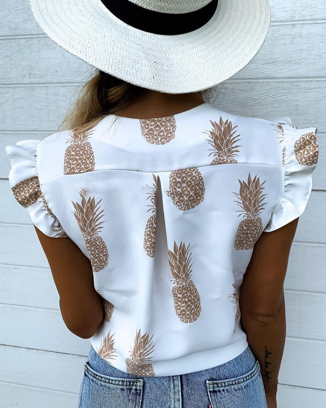 Pineapple Print Flutter Sleeve Casual Blouse