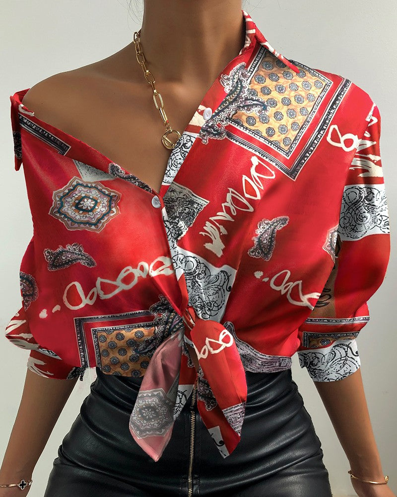 All Over Print Button Design Lantern Sleeve Shirt