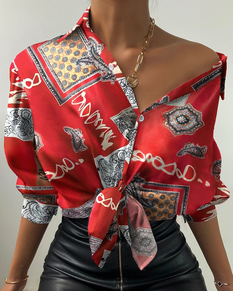 All Over Print Button Design Lantern Sleeve Shirt