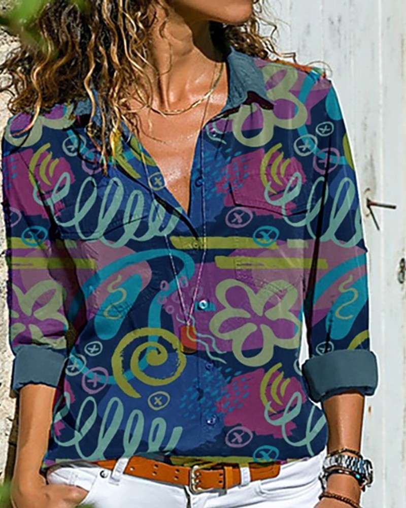 Button Design Graphic Print Long Sleeve Shirt