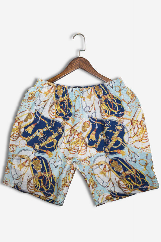 Linen Blue Color Baroque-Chain-Belt Print For Mens Shorts By Brand Blackjack