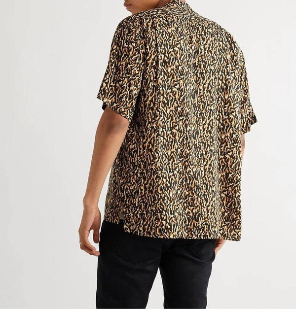 Men's Beige Camp Collar Leopard Print Short Sleeve Shirt