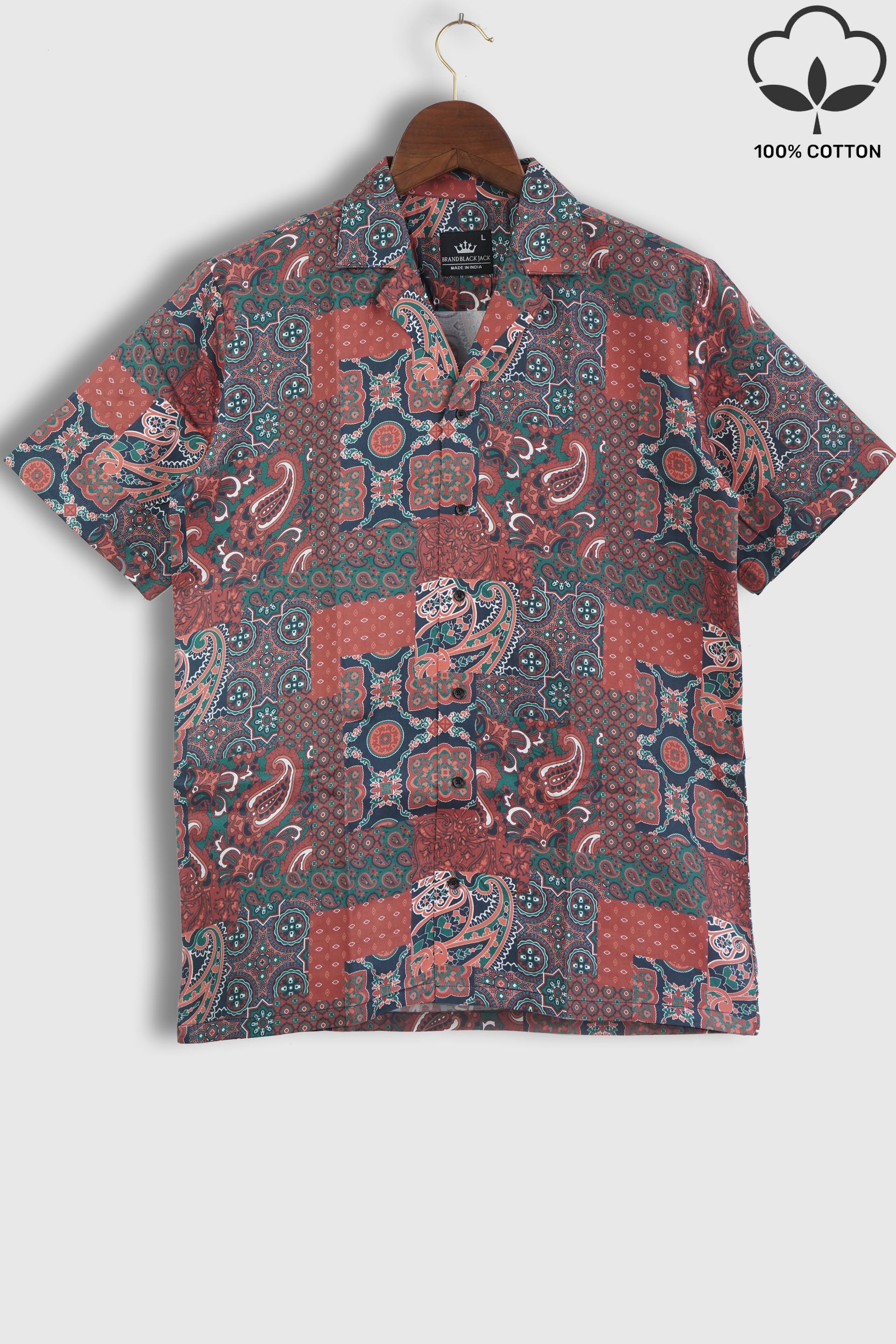 Cashmere Paisley Patchwork Abstract Pattern Cuban Style Mens Printed Premium Cotton Shirts by Black Jack