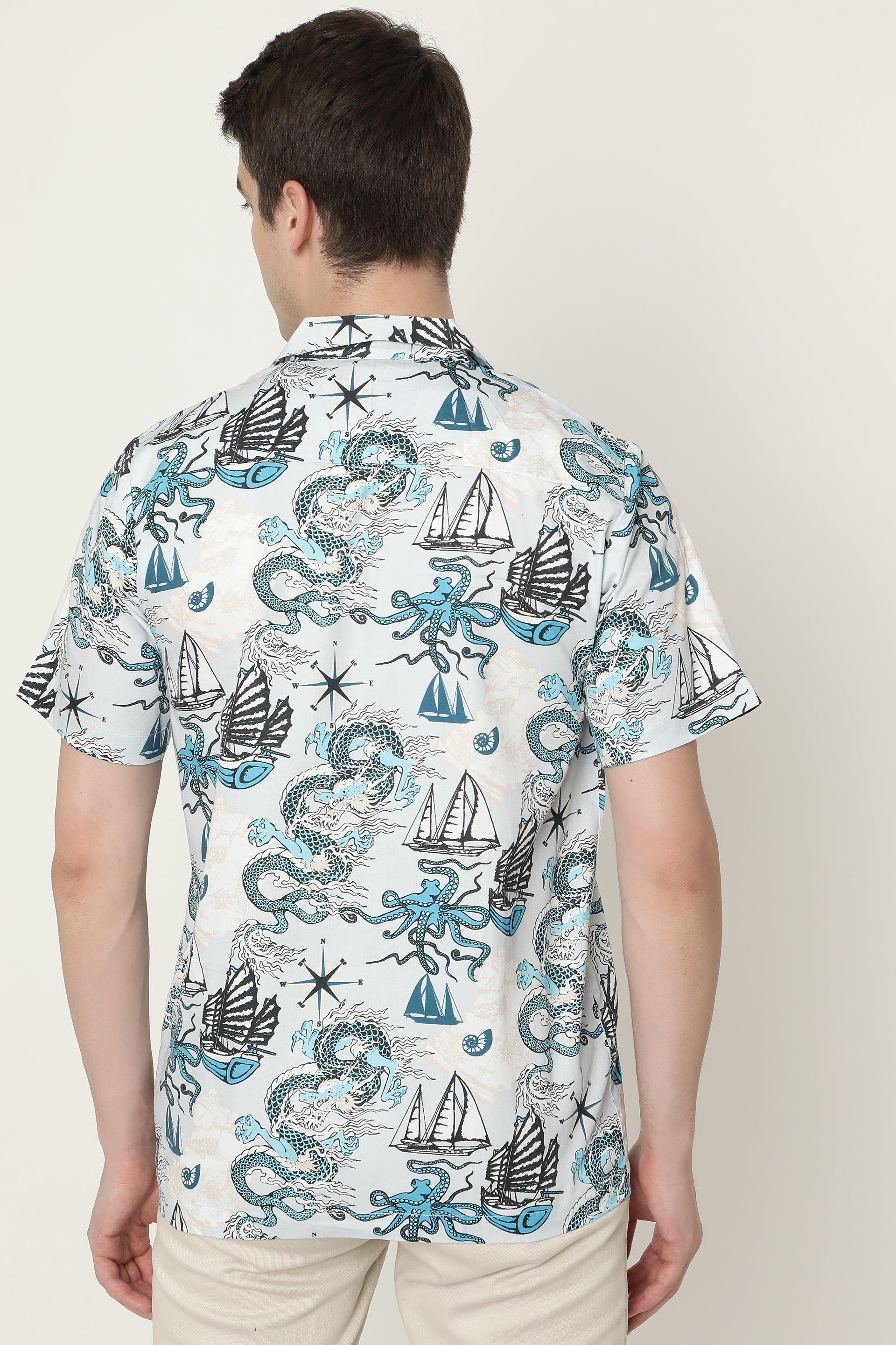 Pattern of Asian Dragon, Octopus and Sea Voyages Mens Printed Premium Cotton Shirt by Black Jack