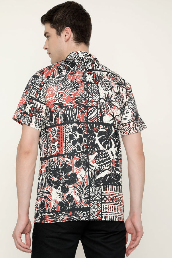 Hawaiian Hibiscus and Tribal Patchwork Abstract Vintage Printed Pure Cotton Mens Shirt by Black Jack