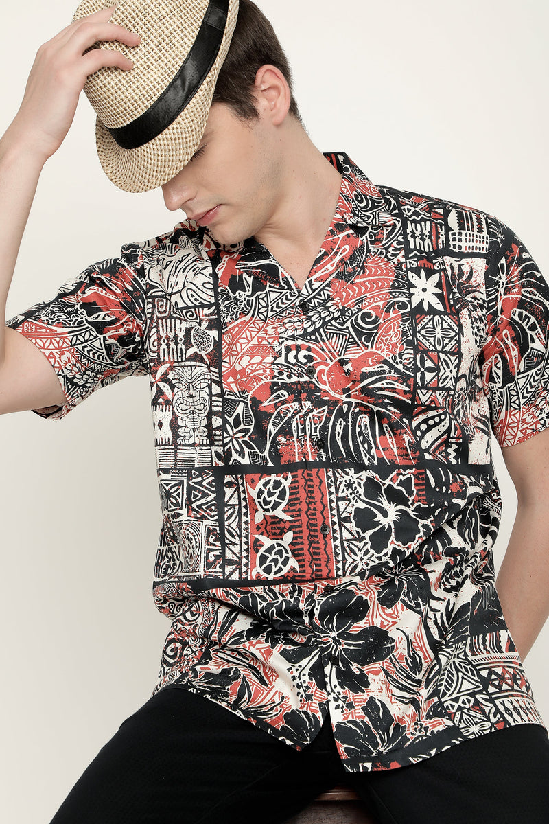 Hawaiian Hibiscus and Tribal Patchwork Abstract Vintage Printed Pure Cotton Mens Shirt by Black Jack