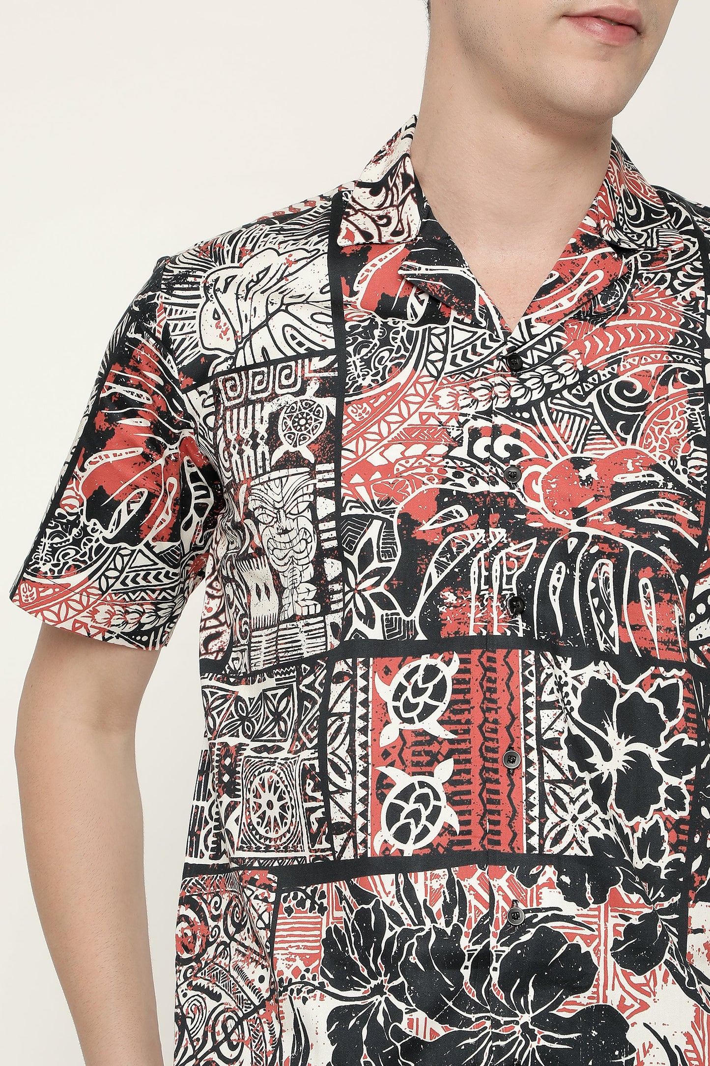 Hawaiian Hibiscus and Tribal Patchwork Abstract Vintage Printed Pure Cotton Mens Shirt by Black Jack