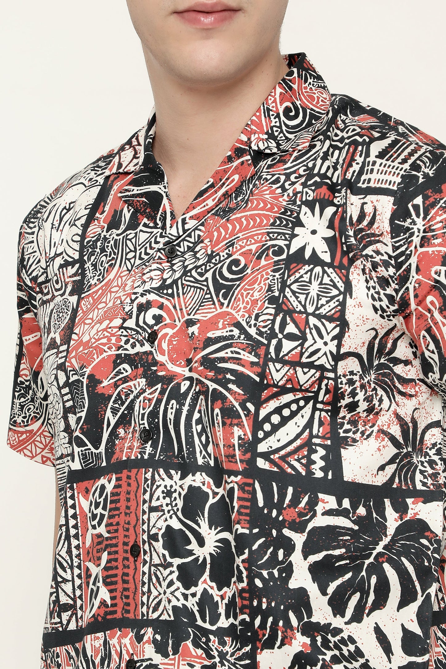 Hawaiian Hibiscus and Tribal Patchwork Abstract Vintage Printed Pure Cotton Mens Shirt by Black Jack