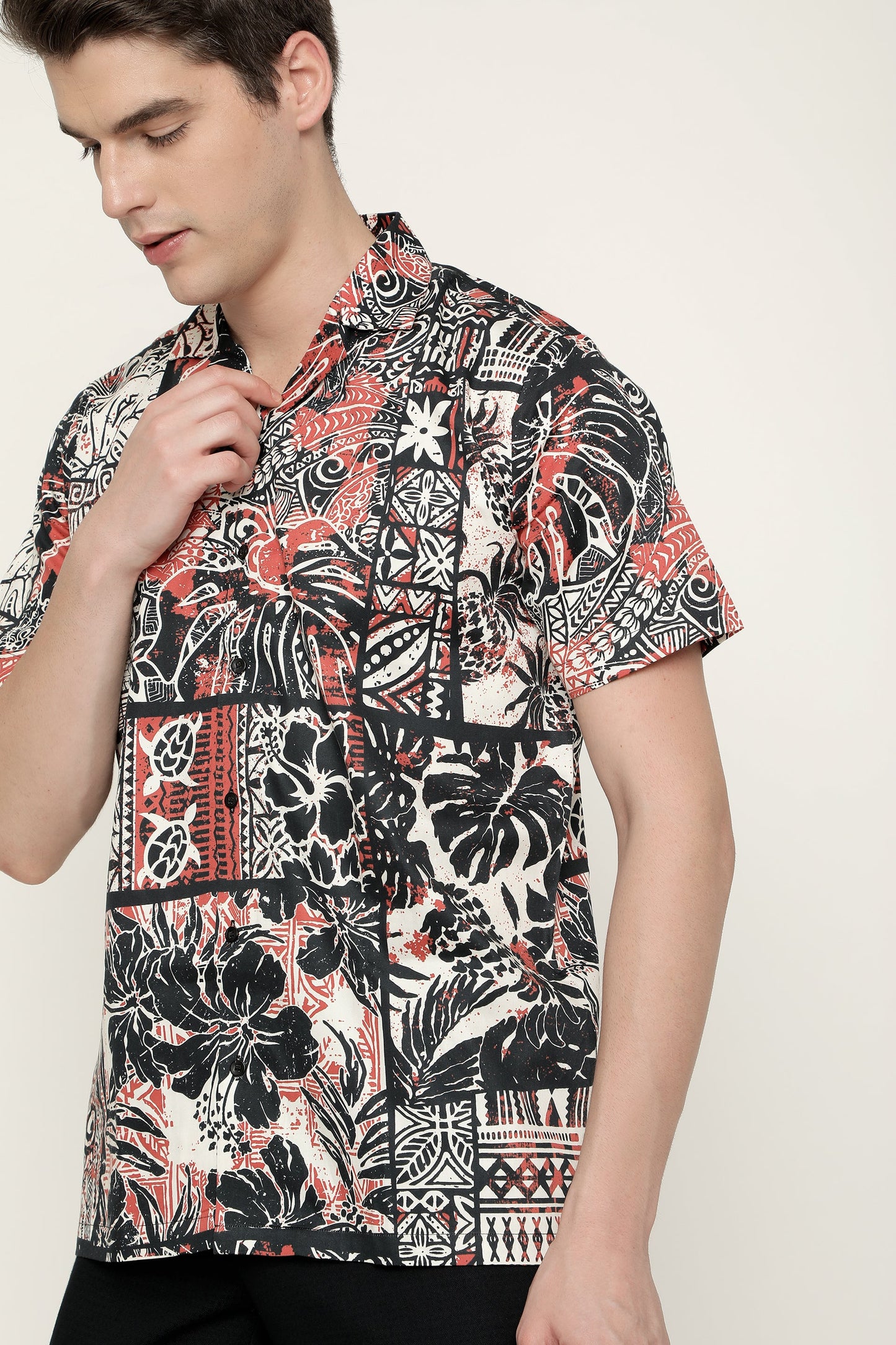 Hawaiian Hibiscus and Tribal Patchwork Abstract Vintage Printed Pure Cotton Mens Shirt by Black Jack