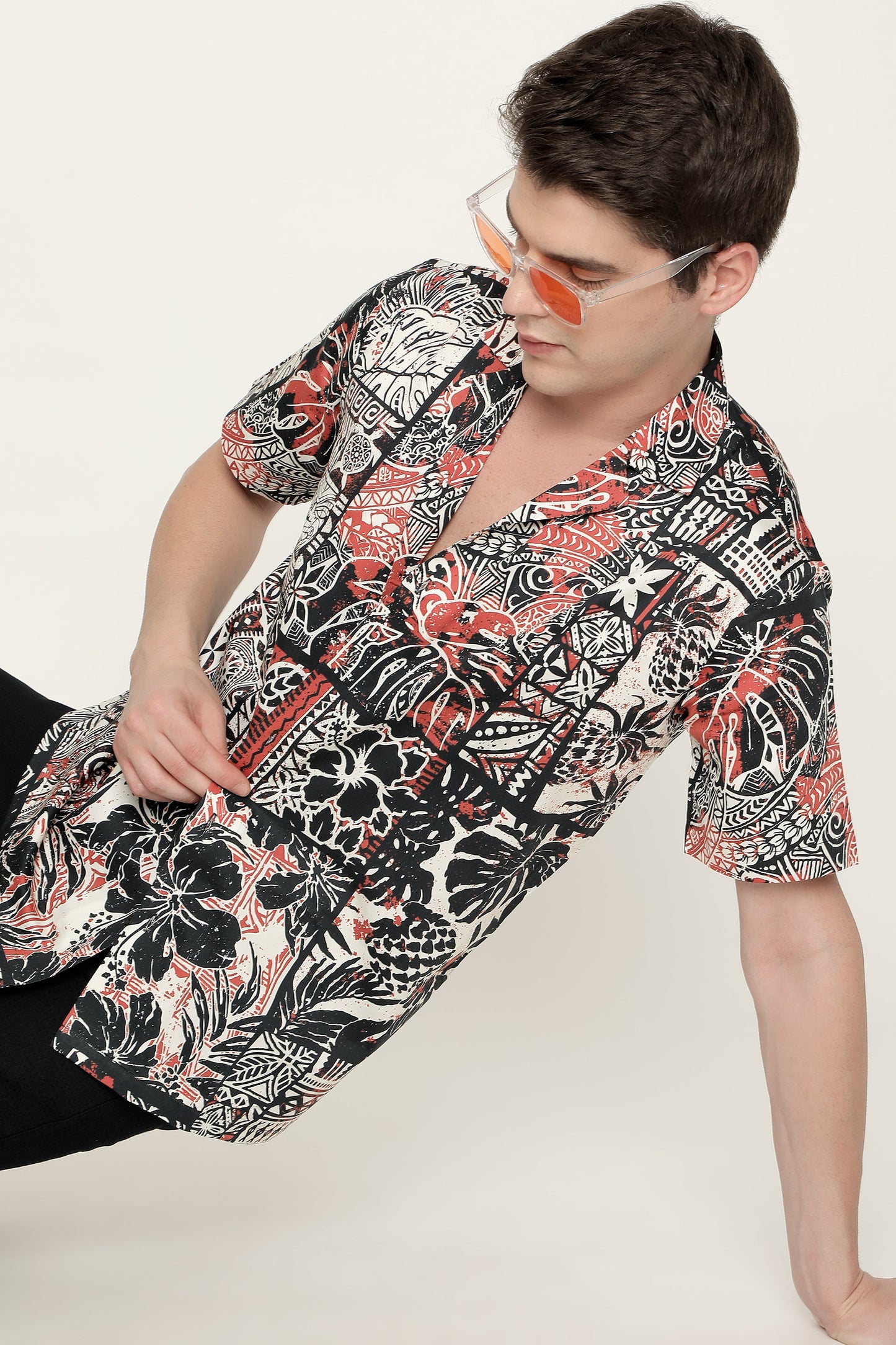 Hawaiian Hibiscus and Tribal Patchwork Abstract Vintage Printed Pure Cotton Mens Shirt by Black Jack