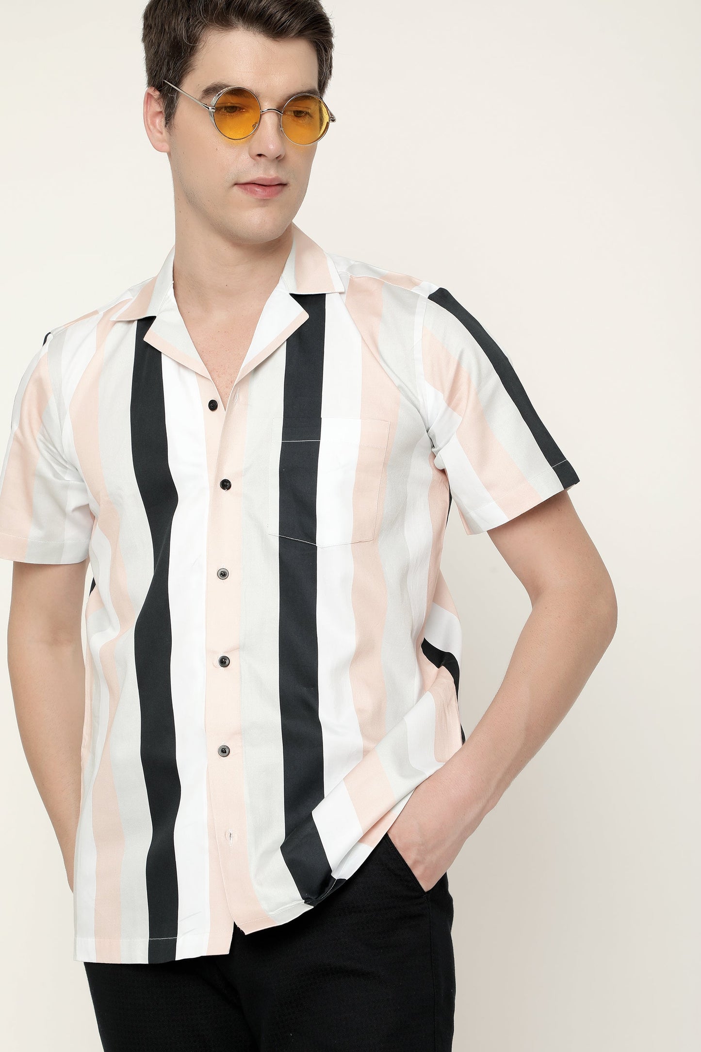 Revere Collar Striped Pure Cotton Shirt In Peach by Brand Black Jack