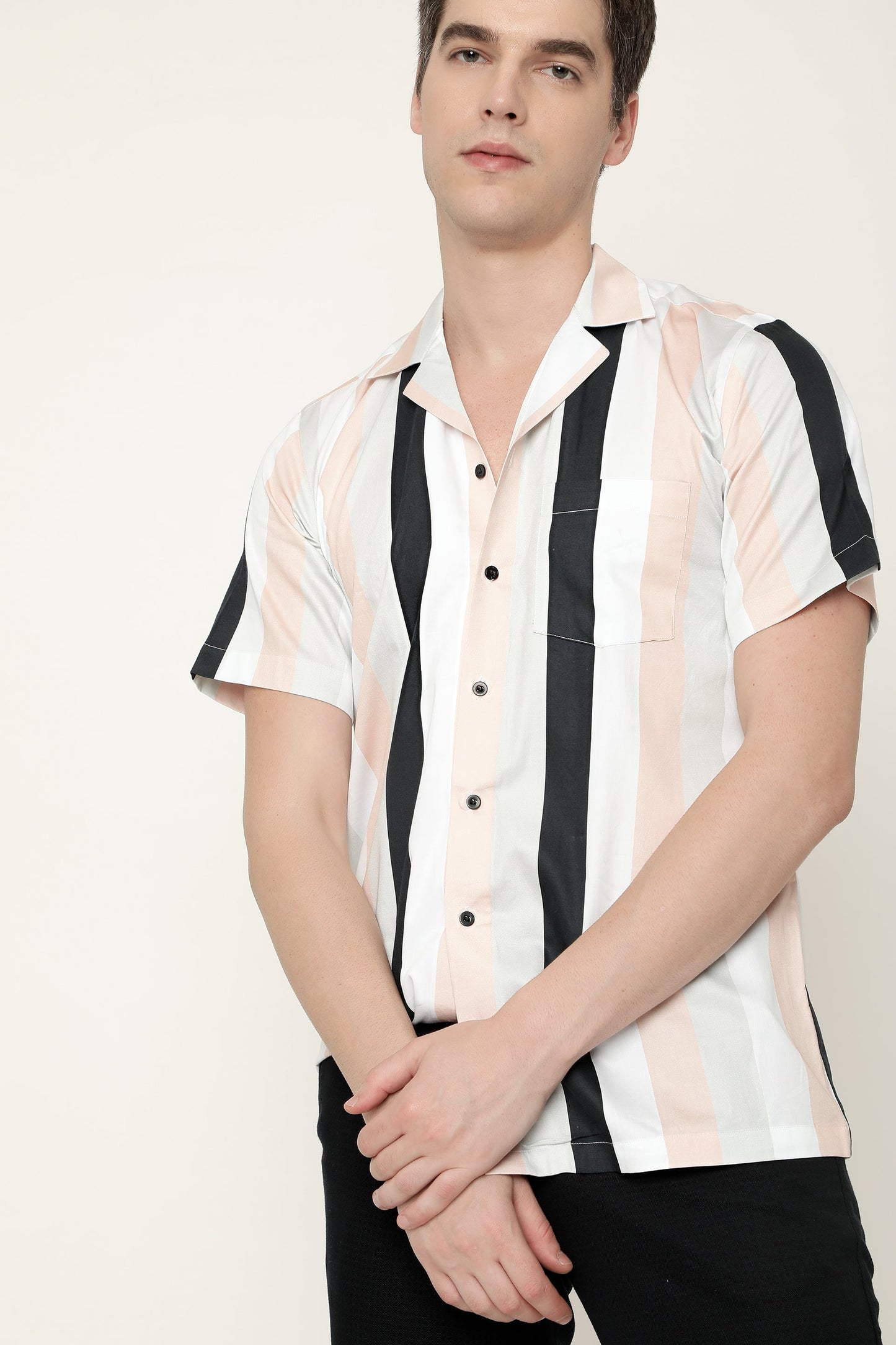 Revere Collar Striped Pure Cotton Shirt In Peach by Brand Black Jack