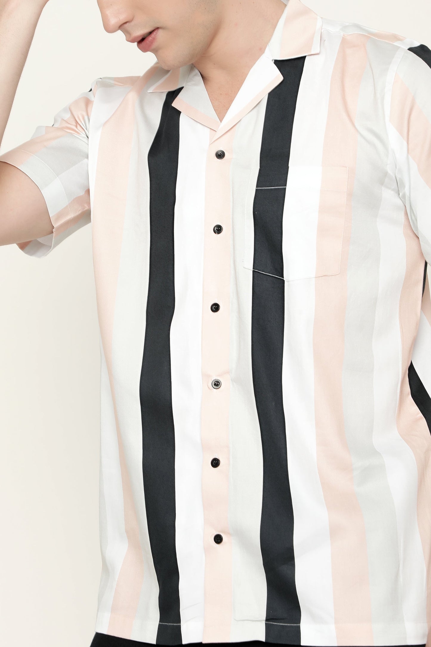 Revere Collar Striped Pure Cotton Shirt In Peach by Brand Black Jack