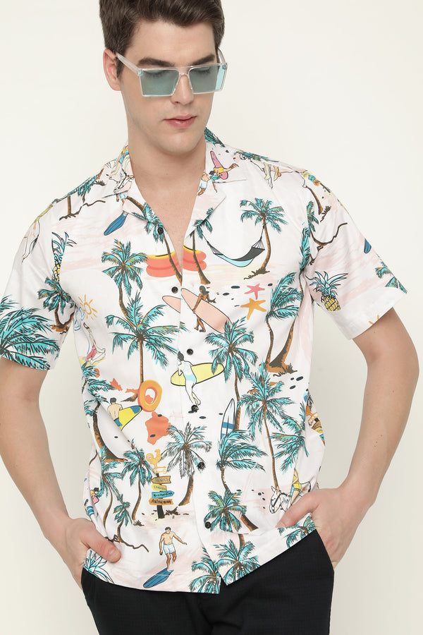 Pure Cotton Hawaii Surf Beach Plam Tree Print With Beach-men Playing Surf Mens Printed Shirts