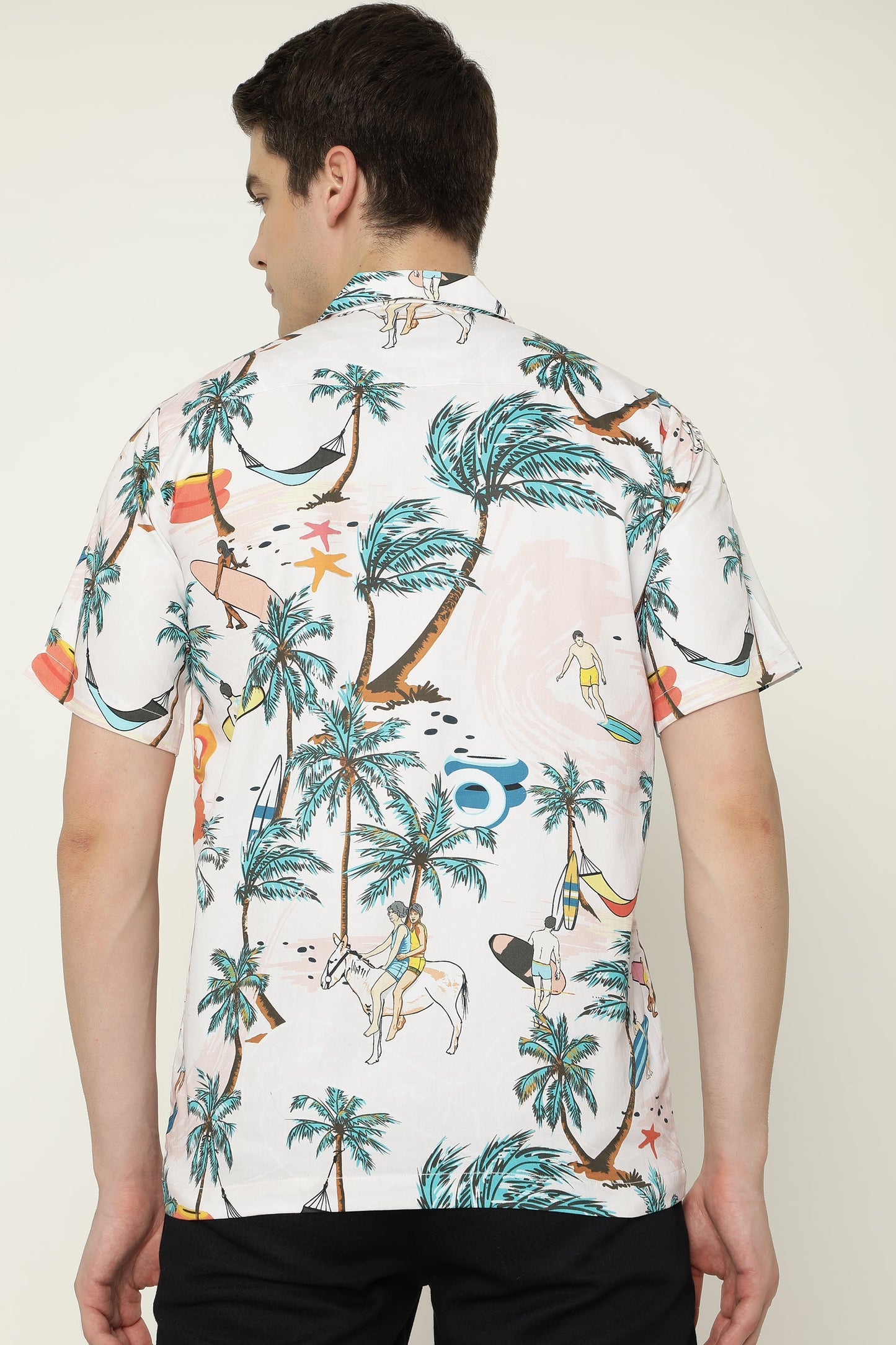 Pure Cotton Hawaii Surf Beach Plam Tree Print With Beach-men Playing Surf Mens Printed Shirts