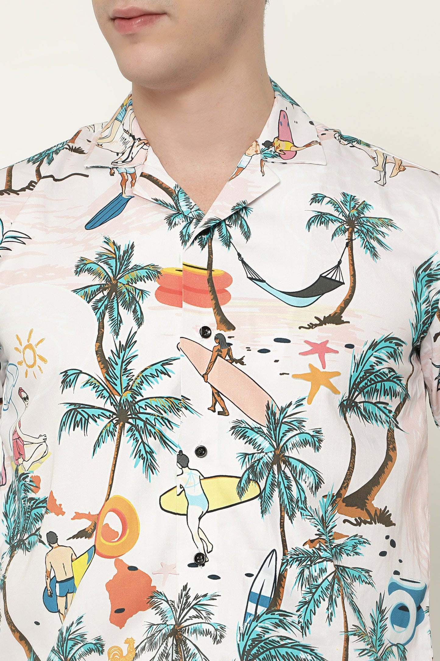 Pure Cotton Hawaii Surf Beach Plam Tree Print With Beach-men Playing Surf Mens Printed Shirts