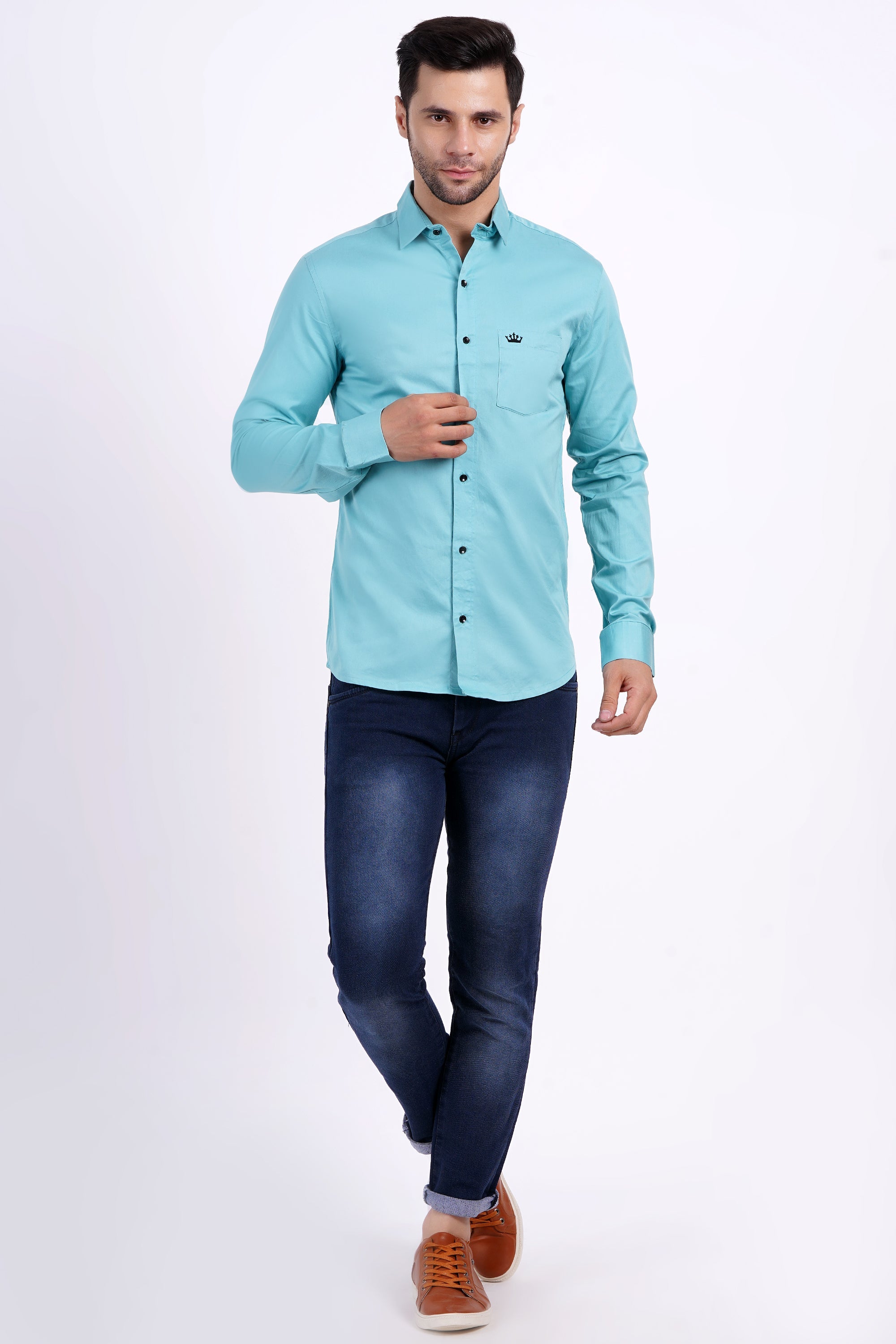 Electic Blue Color Men's Cotton Shirt Full Sleeve Plain Shirts For Men