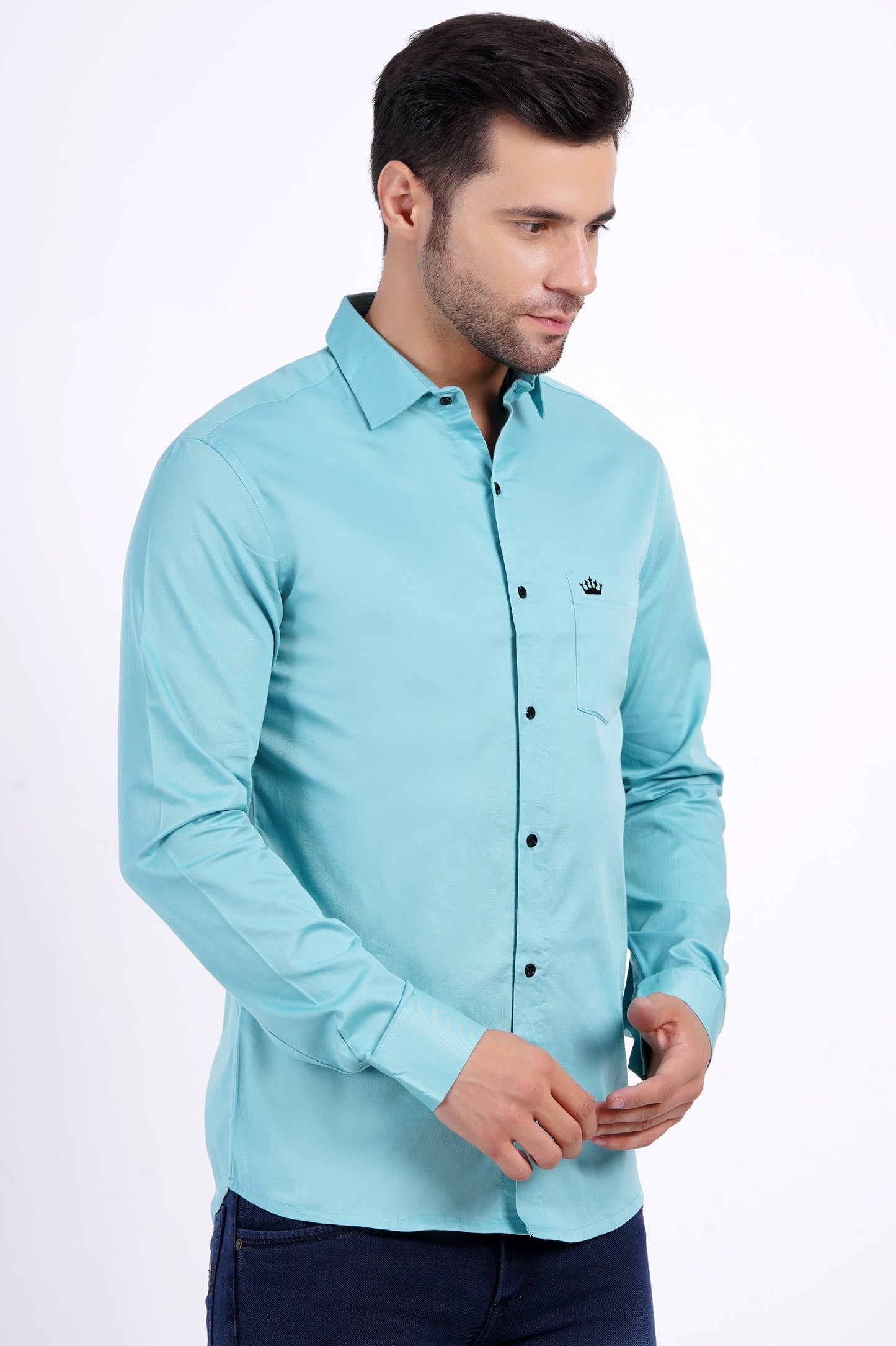 Electic Blue Color Men's Cotton Shirt Full Sleeve Plain Shirts For Men