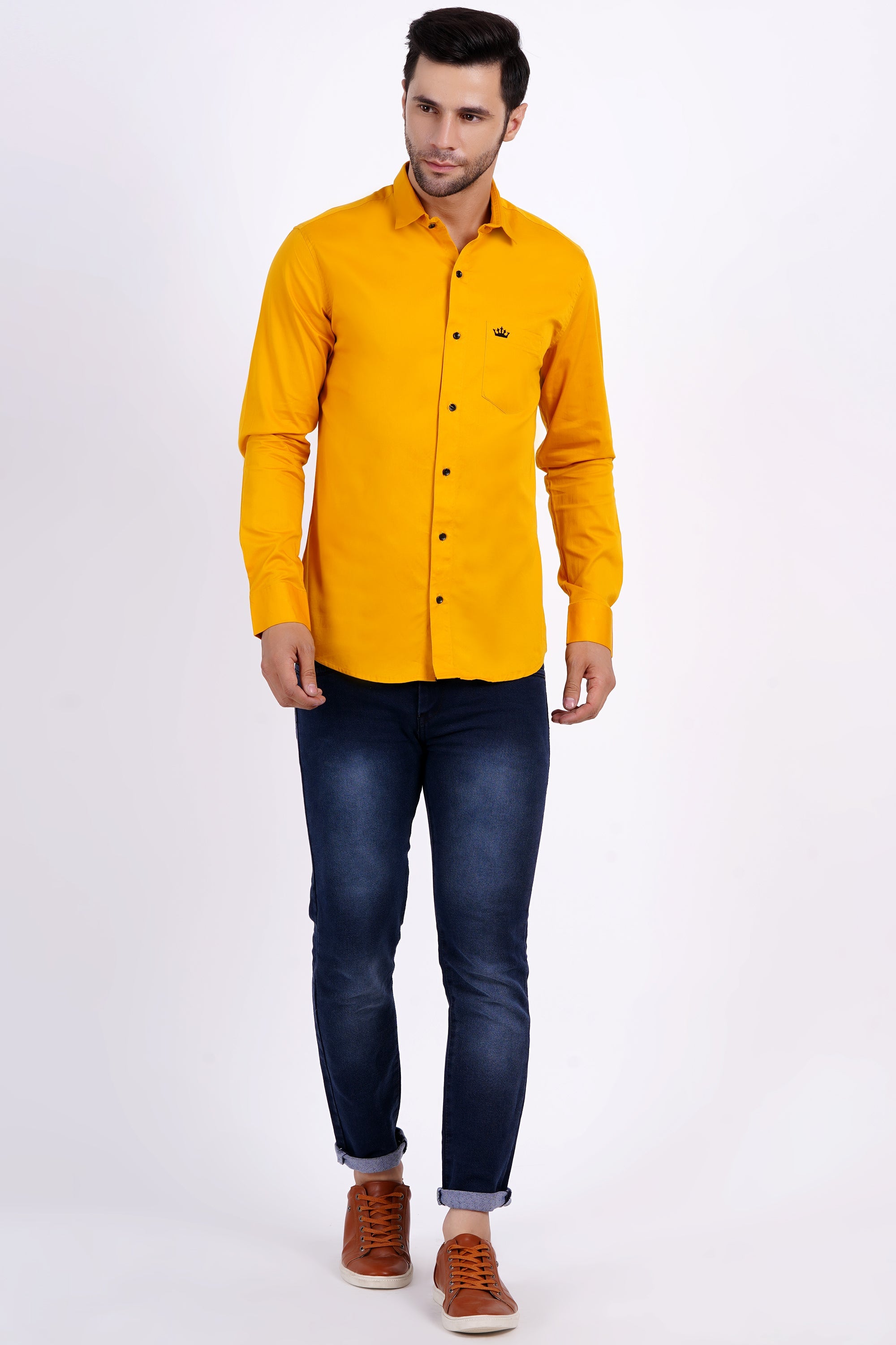 Yellow Color Men's Cotton Shirt Full Sleeve Plain Shirts For Men