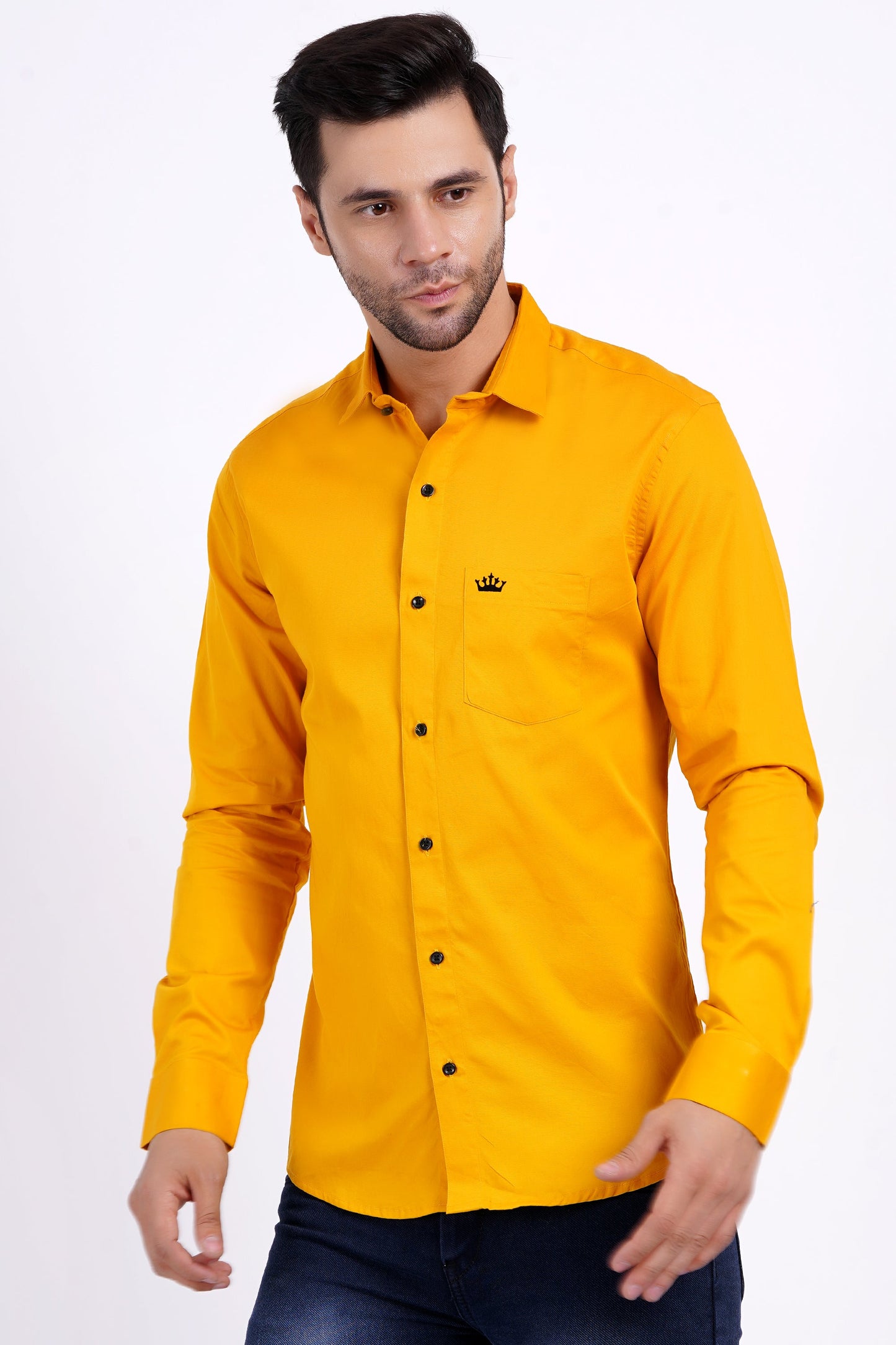 Yellow Color Men's Cotton Shirt Full Sleeve Plain Shirts For Men