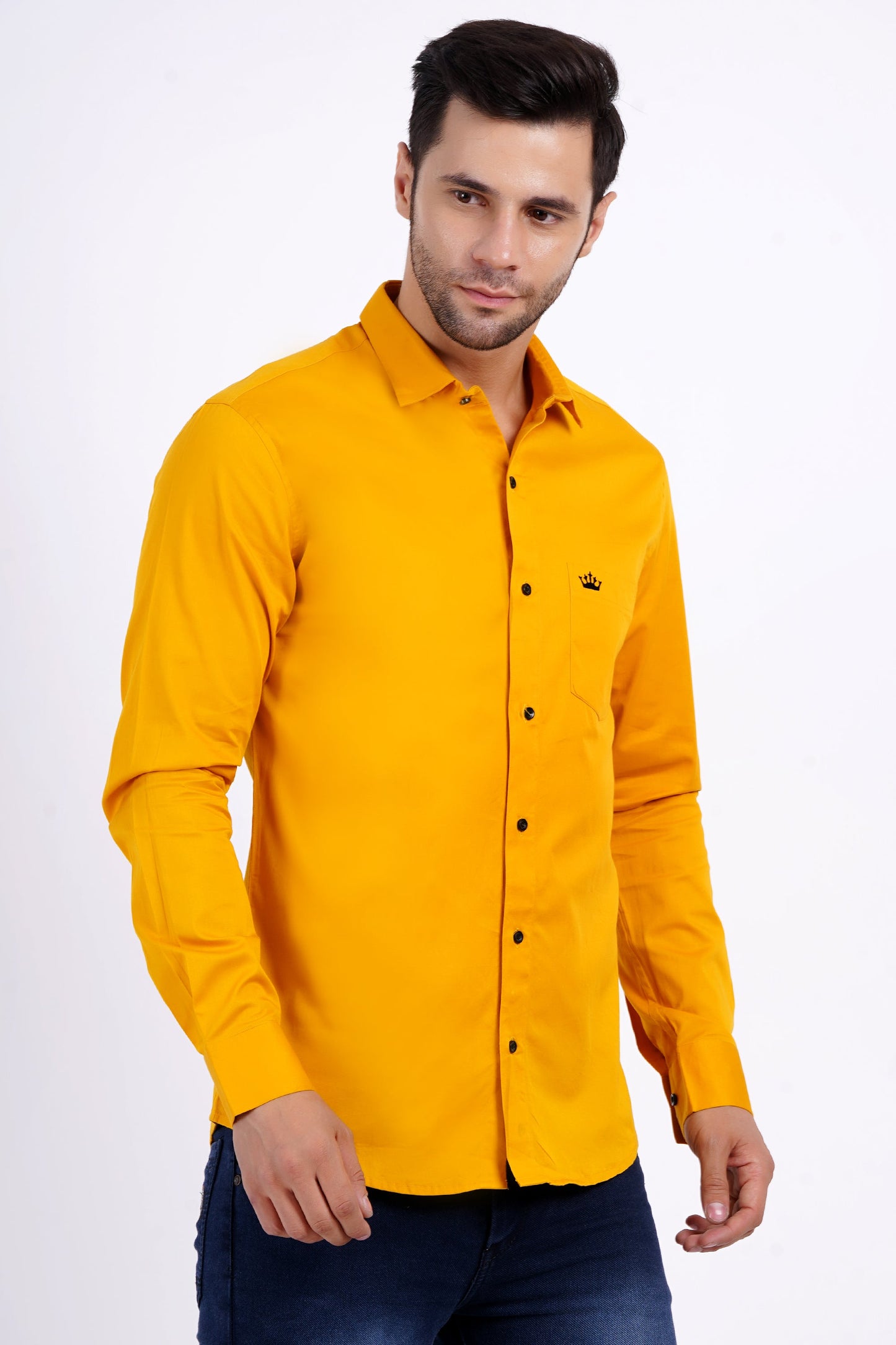 Yellow Color Men's Cotton Shirt Full Sleeve Plain Shirts For Men