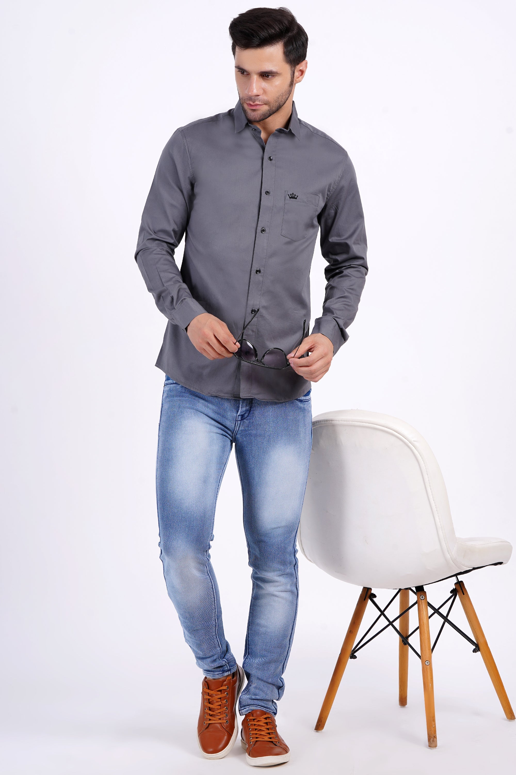 Gray Color Men's Cotton Shirt Full Sleeve Plain Shirts For Men