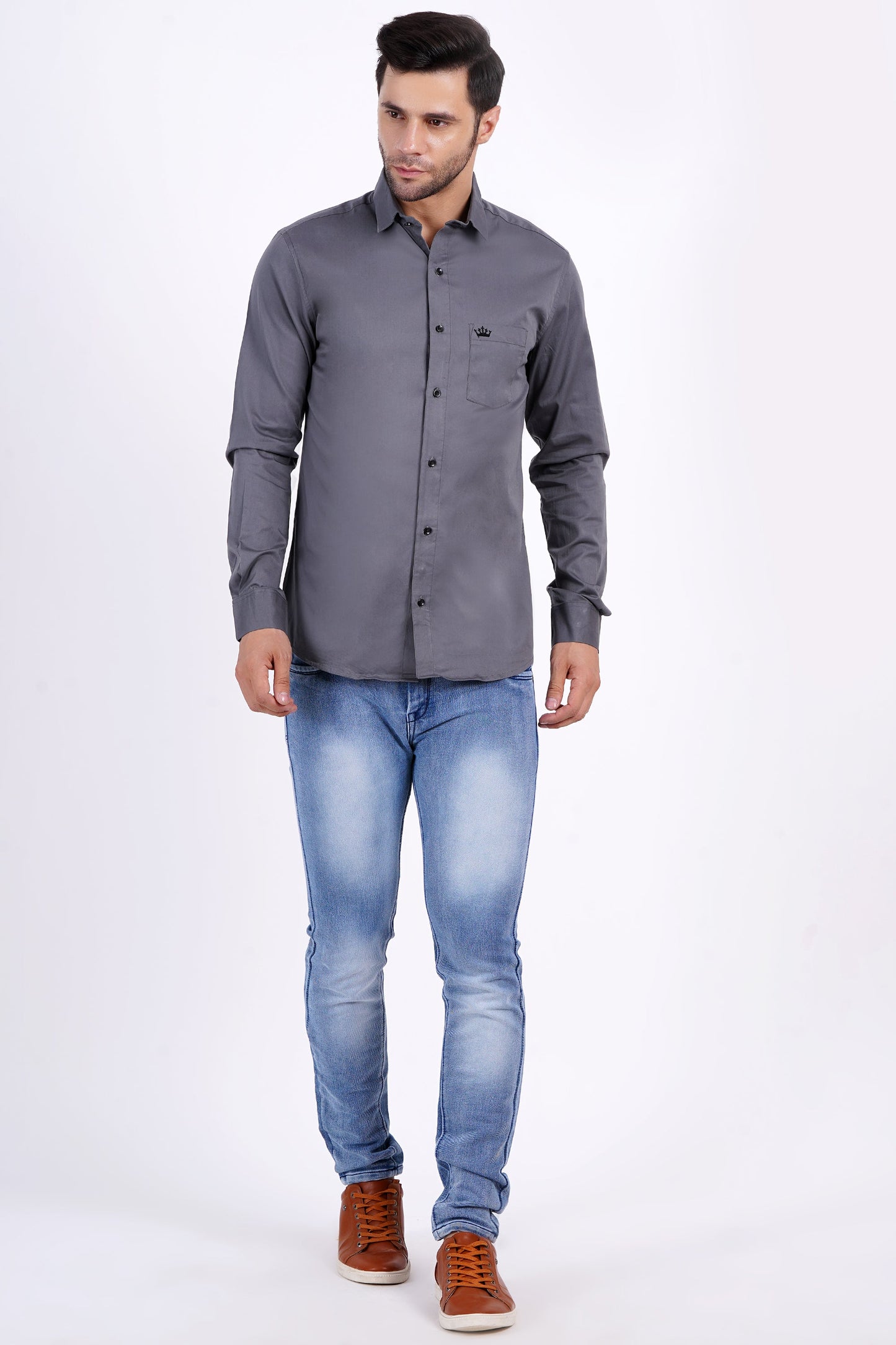 Gray Color Men's Cotton Shirt Full Sleeve Plain Shirts For Men