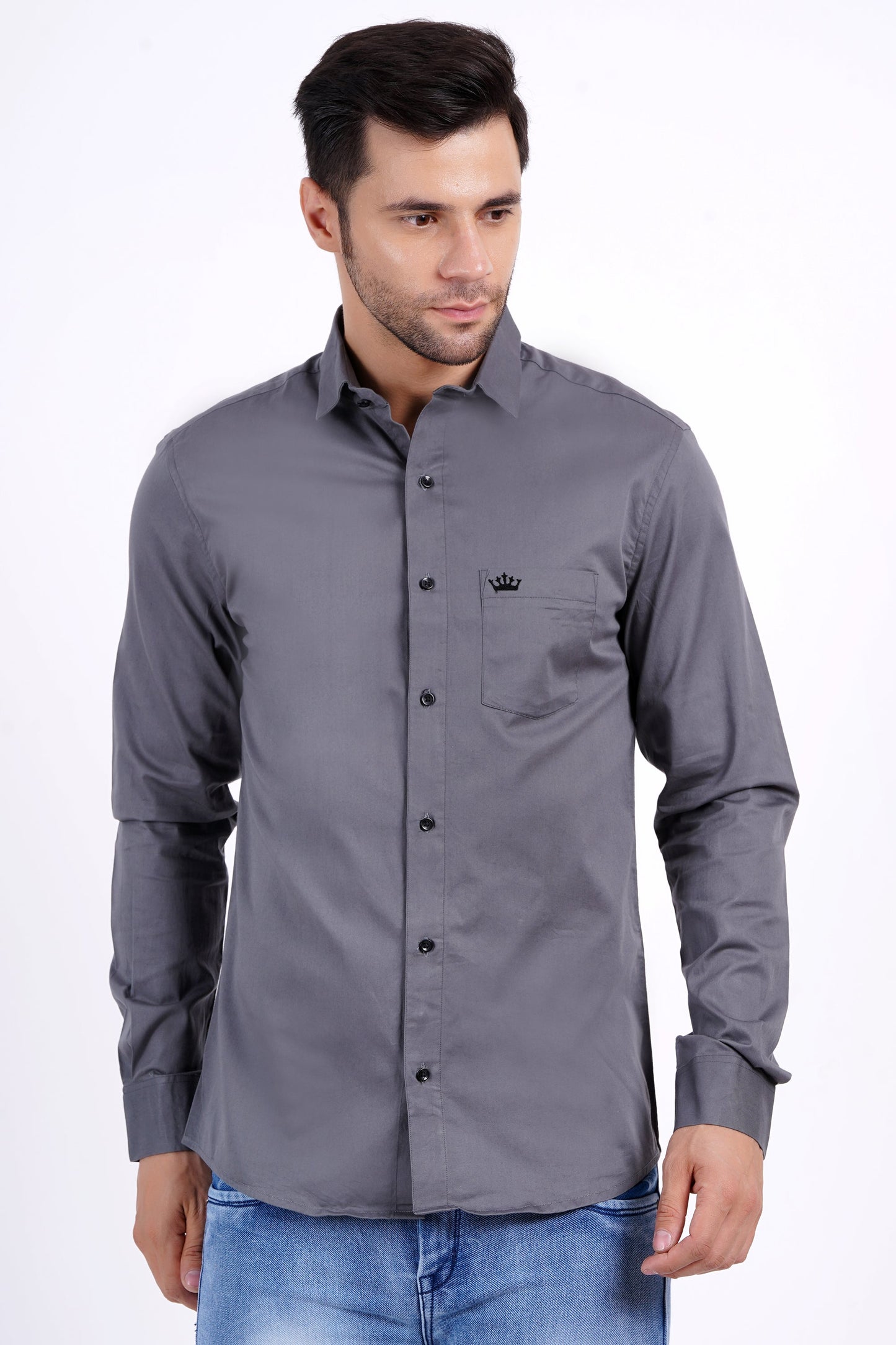 Gray Color Men's Cotton Shirt Full Sleeve Plain Shirts For Men