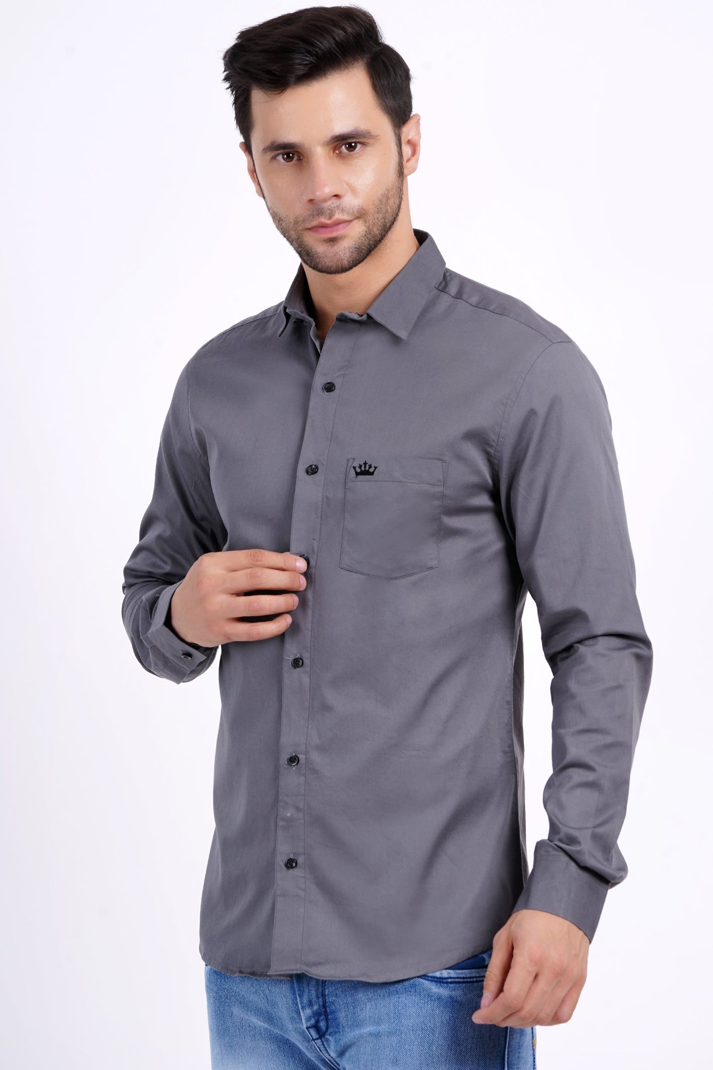 Gray Color Men's Cotton Shirt Full Sleeve Plain Shirts For Men