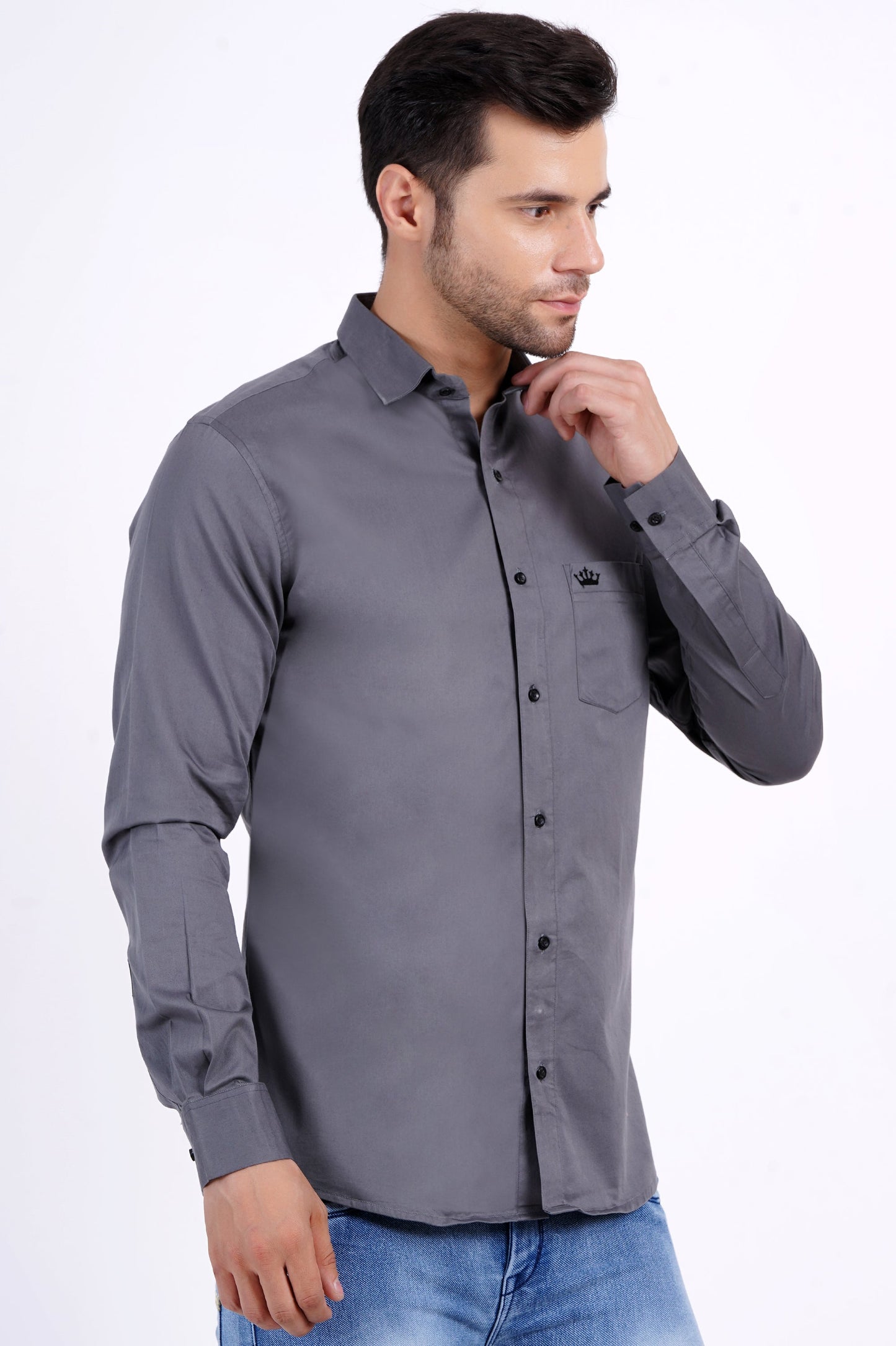 Gray Color Men's Cotton Shirt Full Sleeve Plain Shirts For Men