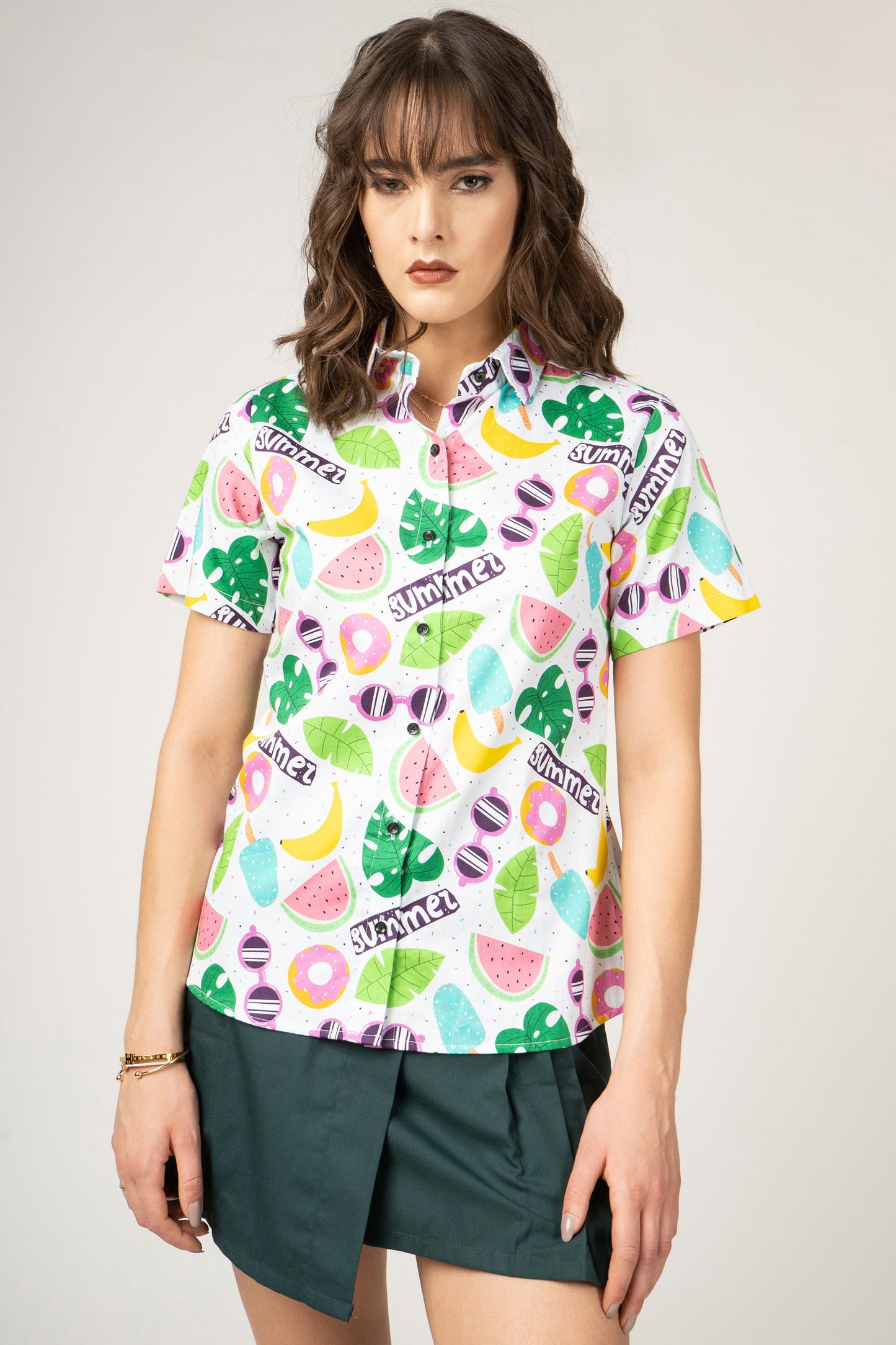 Summer Print with Cartoon, Ice Cream, Glasses, Watermelons, Bananas, Leaves Pure Cotton Women Shirt by Black Jack