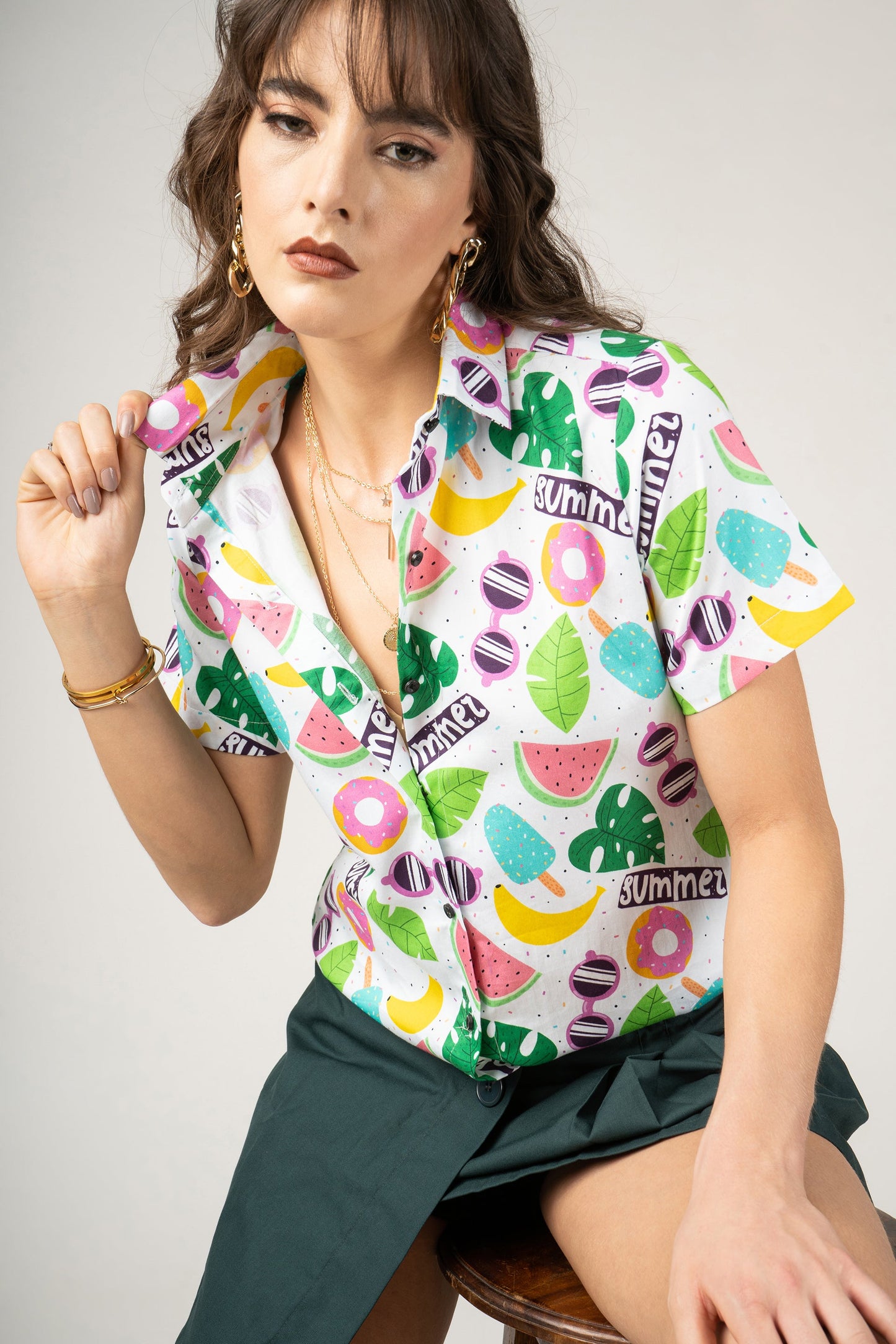 Summer Print with Cartoon, Ice Cream, Glasses, Watermelons, Bananas, Leaves Pure Cotton Women Shirt by Black Jack