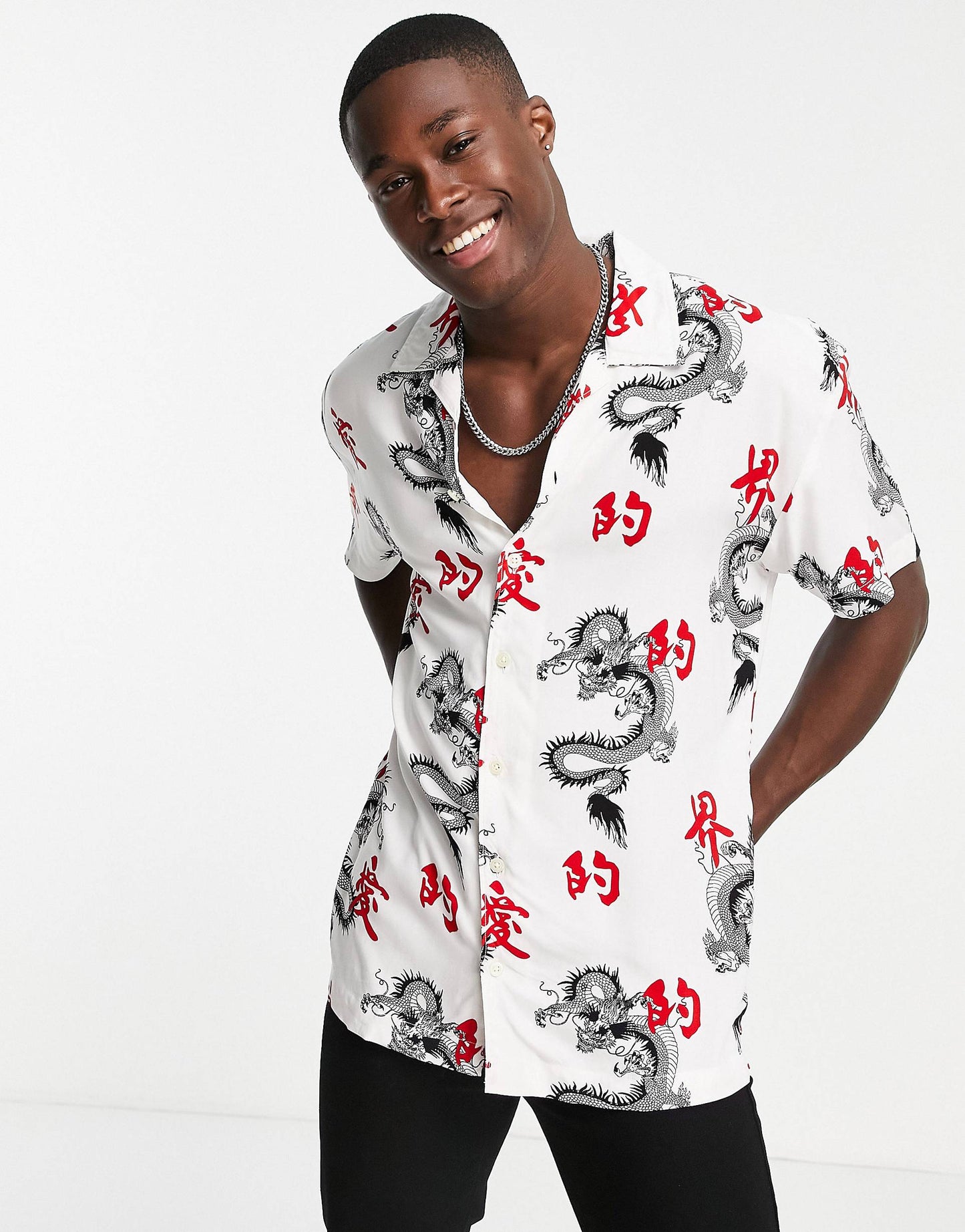 Originals viscose shirt with revere collar in white dragon print