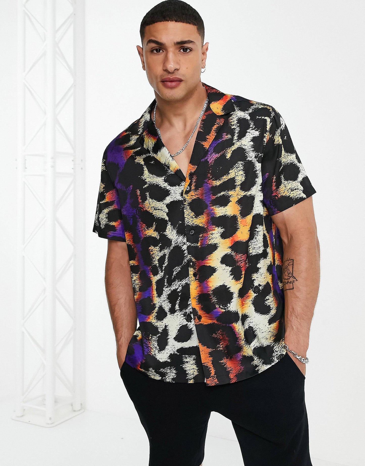 Relaxed Revere Shirt In Satin Animal Print Half Sleeve Shirt