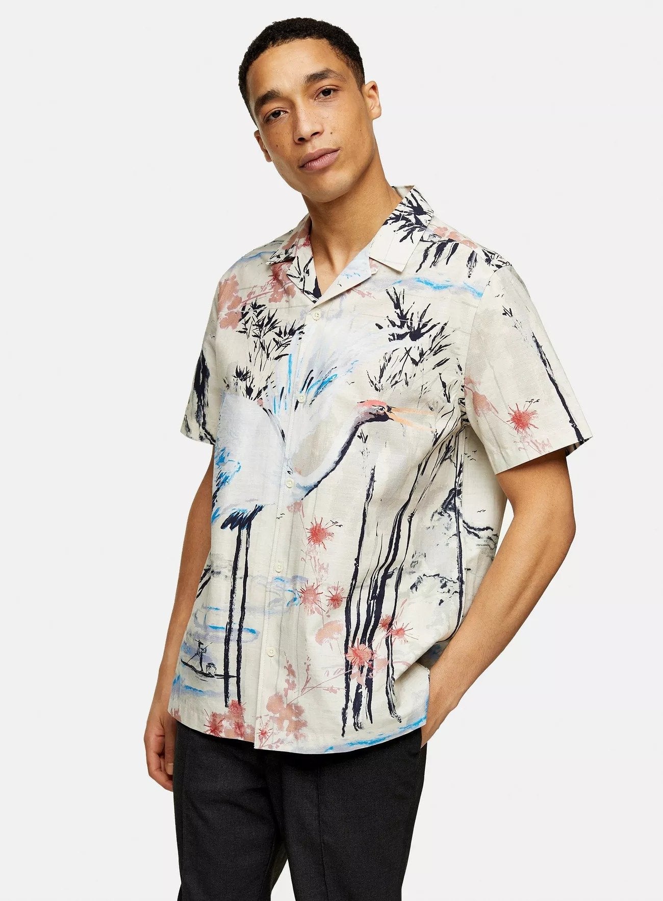 Relaxed Crane Brid Print Slim Shirt