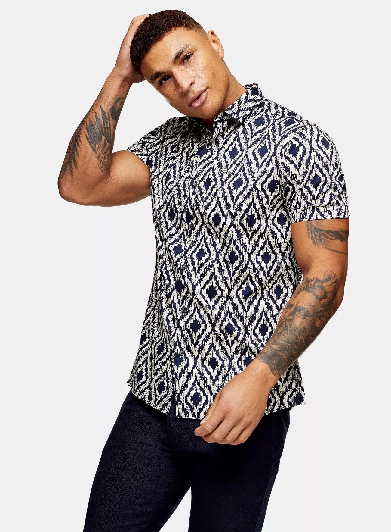 Navy Stone Ikat Abstract Print Shirt