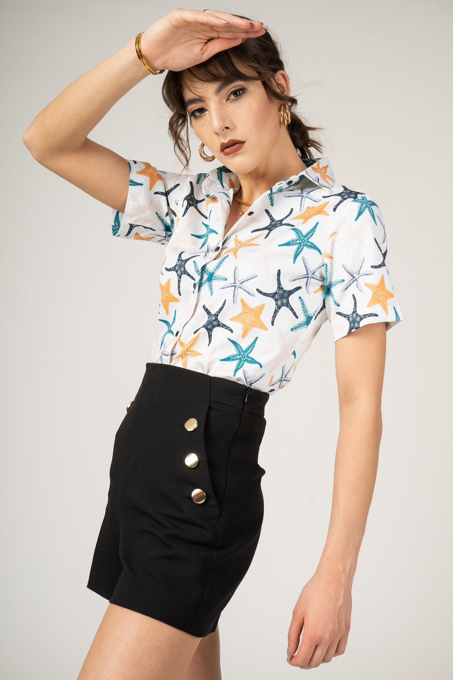 Hand Drawn StarFishes Pastel Colors Women Printed Premium Cotton Shirt by Brand Black Jack