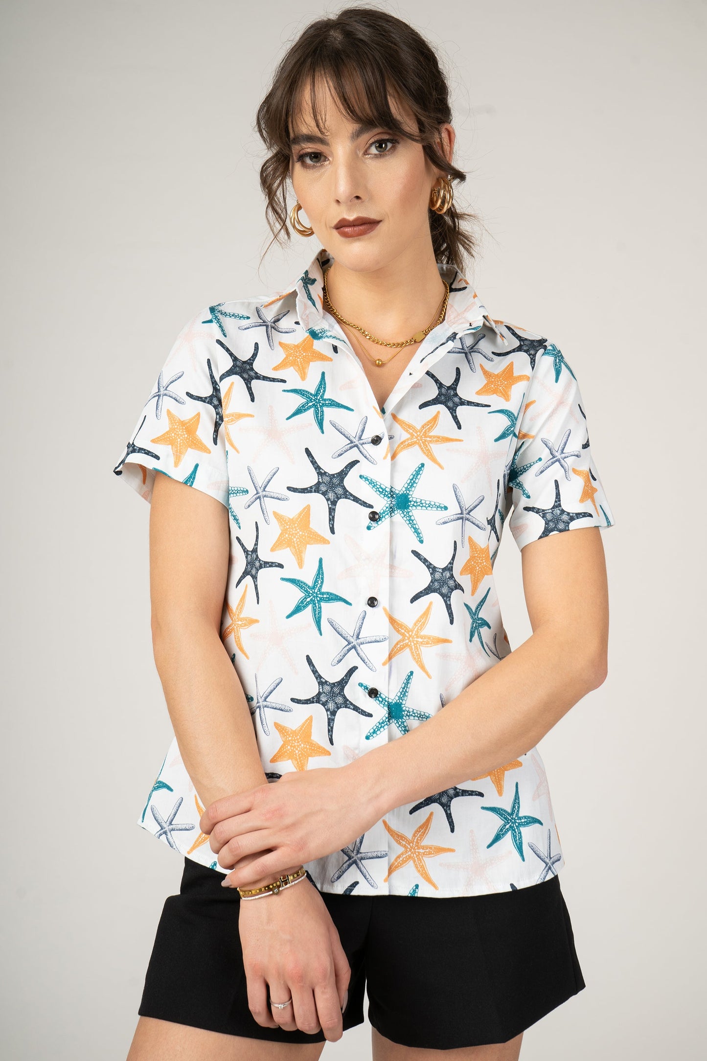 Hand Drawn StarFishes Pastel Colors Women Printed Premium Cotton Shirt by Brand Black Jack