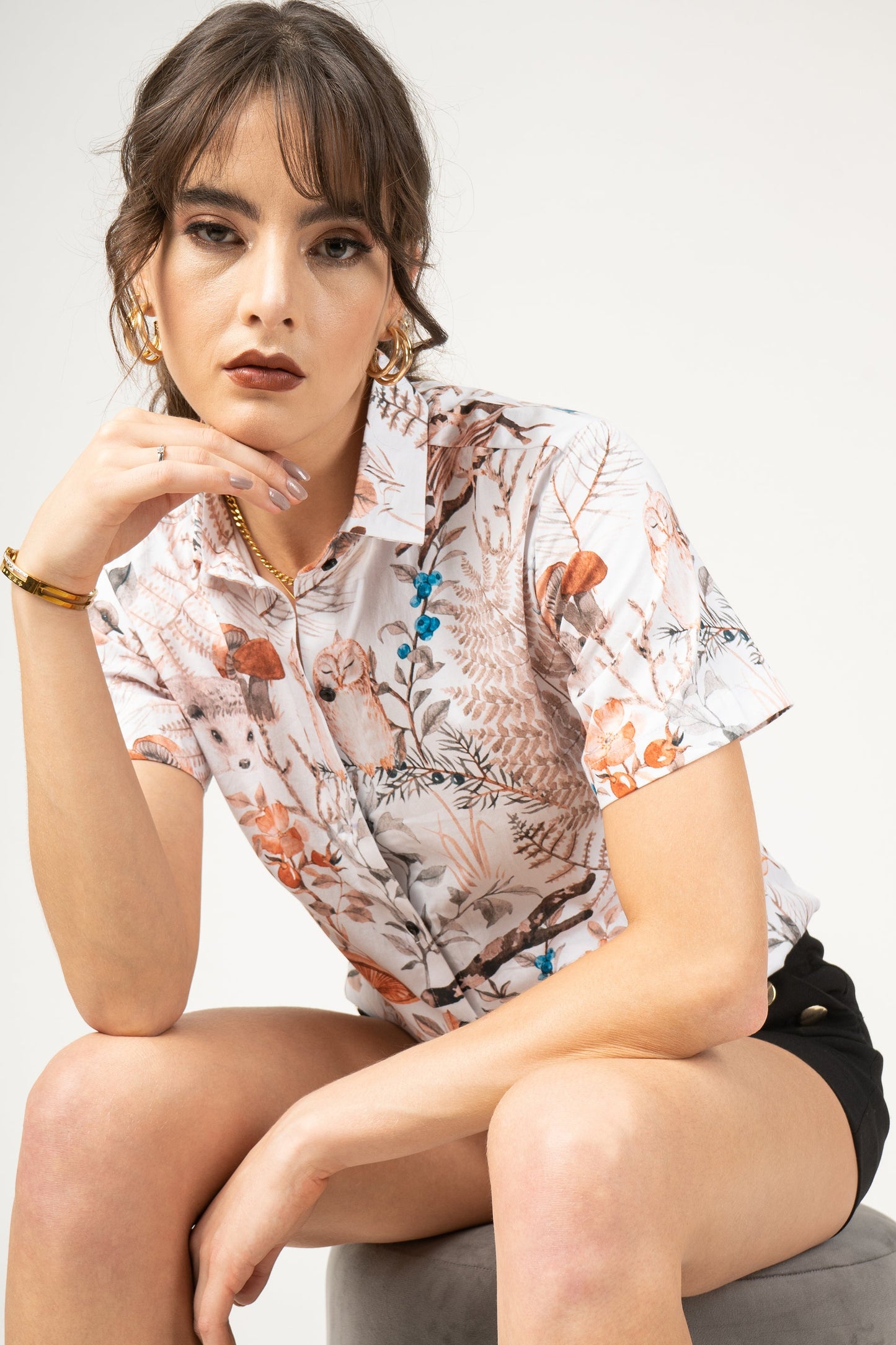 Hand Drawn Pattern With WaterColor Forest Cute Animal and Plants Women Printed Pure Cotton Shirt