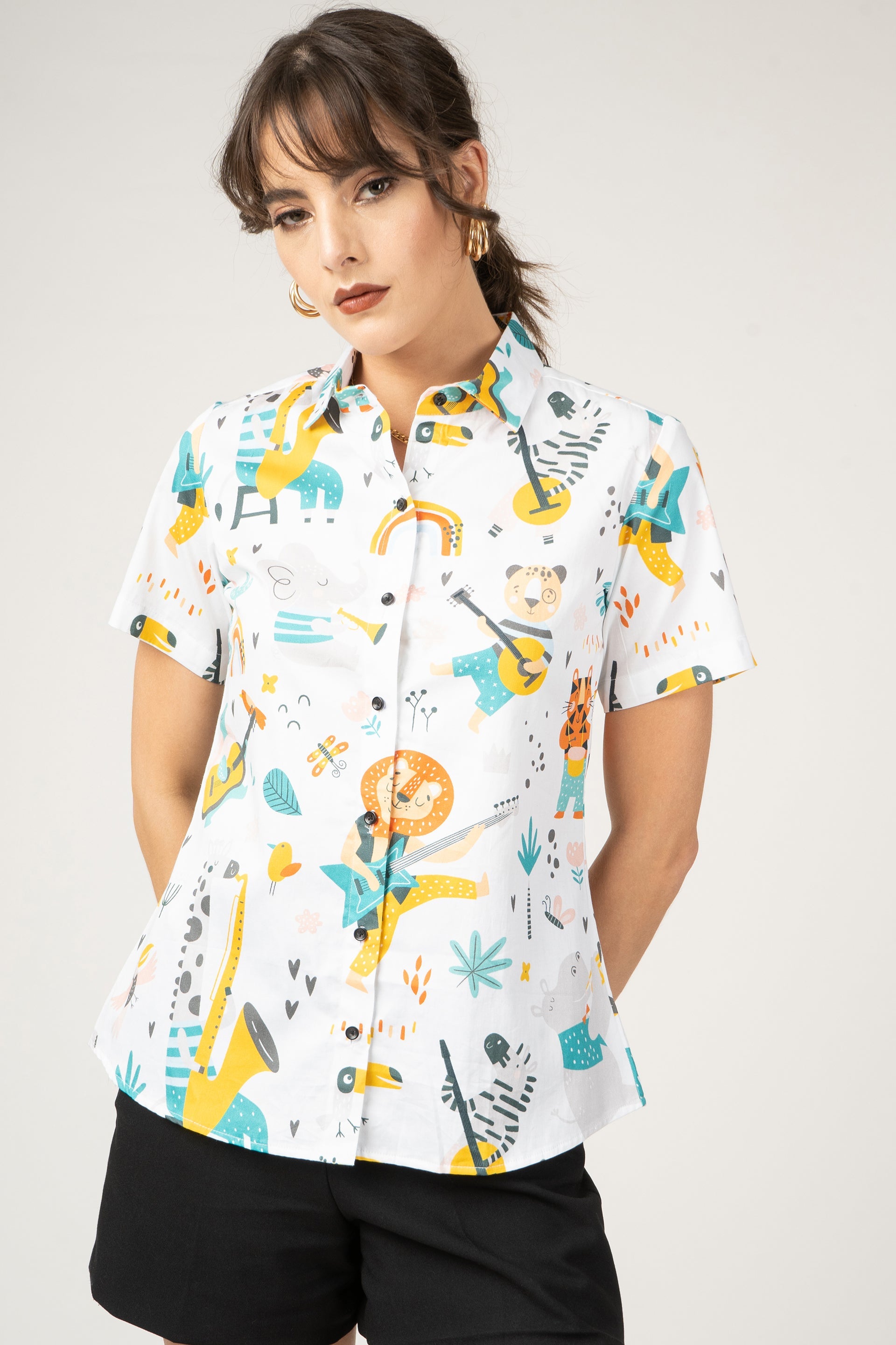 Childish Print With Cartoon Jungle Animal Playing Women Half Sleeve Printed Premium Cotton Shirt by Black Jack