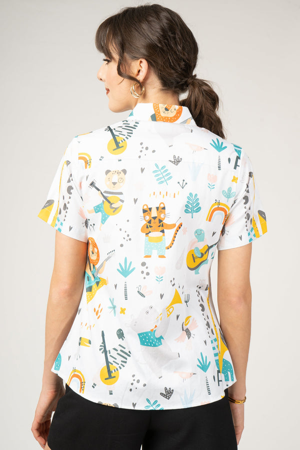 Childish Print With Cartoon Jungle Animal Playing Women Half Sleeve Printed Premium Cotton Shirt by Black Jack