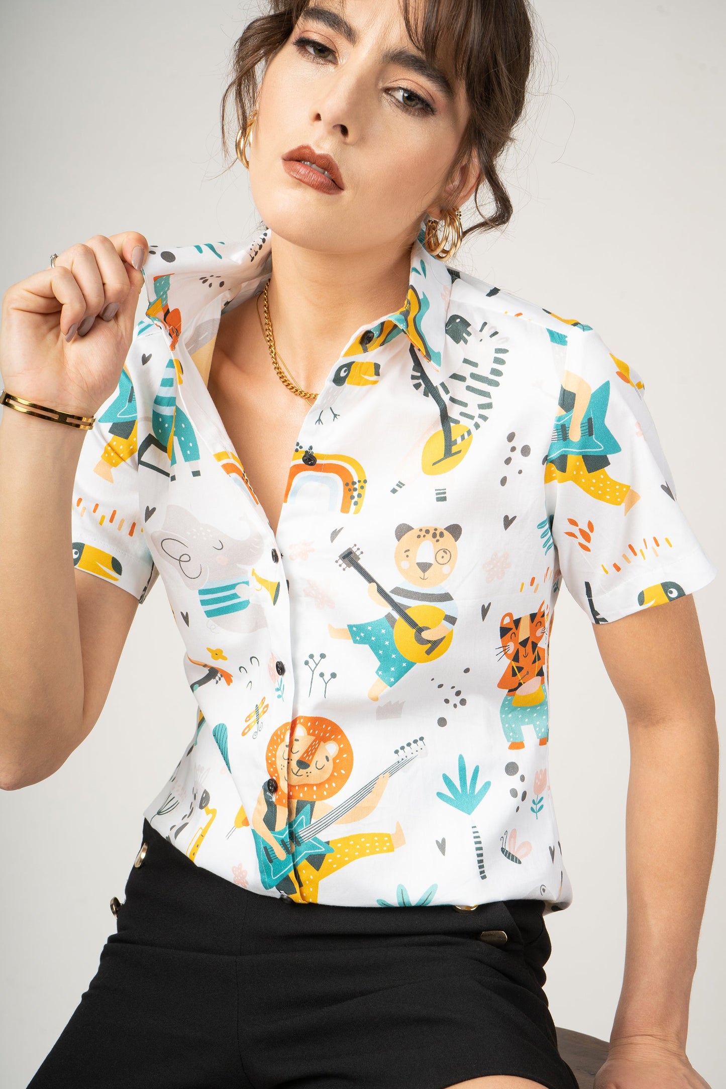 Childish Print With Cartoon Jungle Animal Playing Women Half Sleeve Printed Premium Cotton Shirt by Black Jack